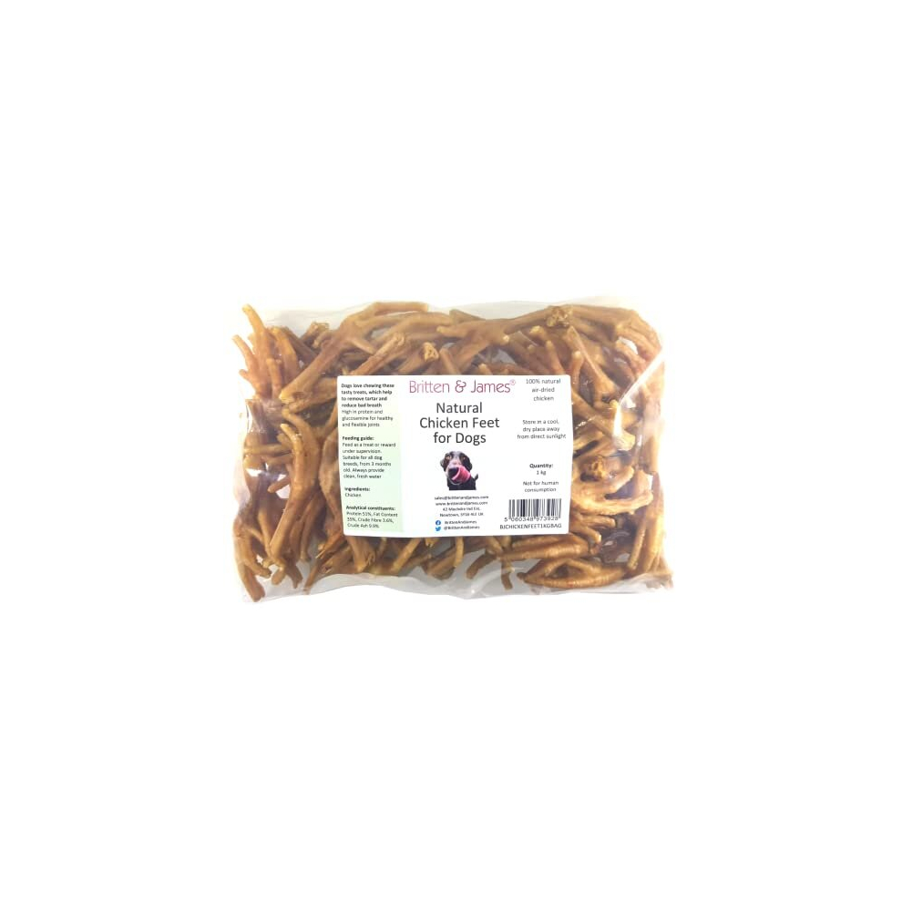 Britten & James Natural Dried Chicken Feet for Dogs (1kg bag). High in protein and trace elements. Helps to remove tartar and reduce bad breath.