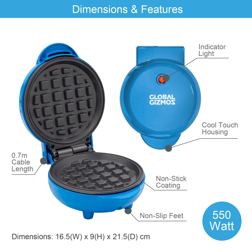 Global Gizmos 37609 Mini Waffle Maker / Non-Stick Plate / Safe Cool Touch Handles / Compact Belgian & American Waffle Machine / 550W Power