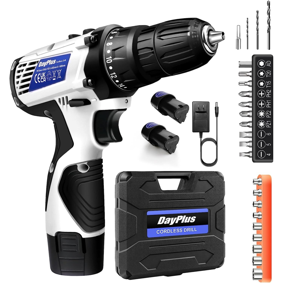 UK Standard Cordless Drill Power Drill Set Battery Drill Driver Set Drill Set with 2 Batteries  26pcs Drill Bits LED Light Carry Case