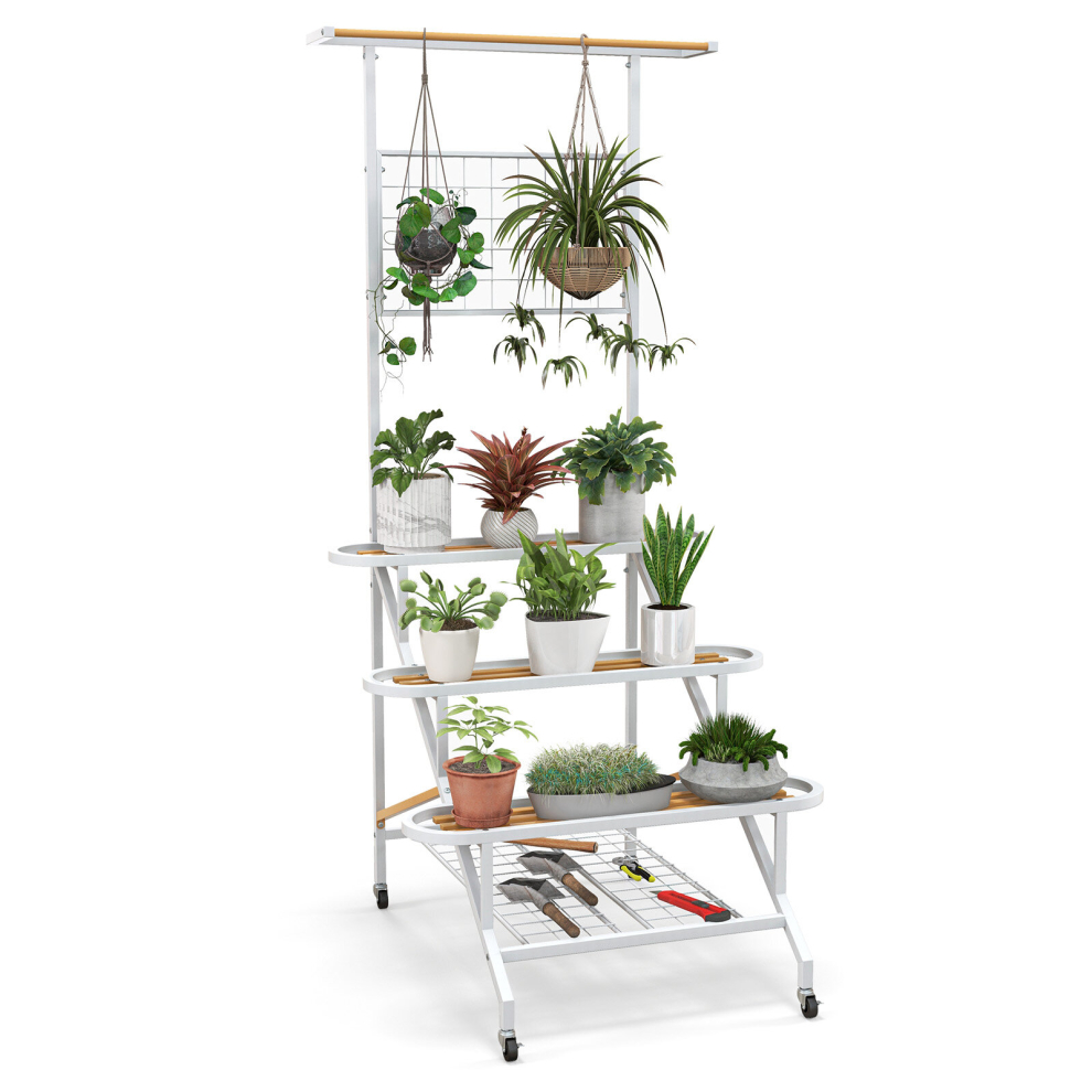 4-Tier Hanging Plant Stand Ladder Shelf W/Trellis & Hanging Bar Plant Pot Holder