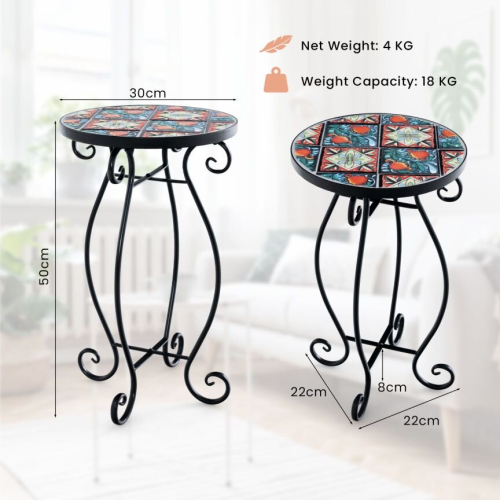 Costway Mosaic Outdoor Side Table Round End Table Weather Resistant Ceramic Tabletop 2