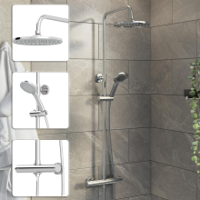Bathroom Mixer Shower Thermostatic Dual Head Round Rainfall Head Handset Chrome