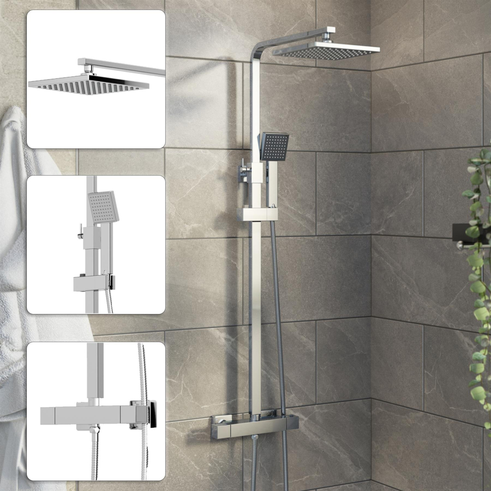 Bathroom Mixer Shower Thermostatic Dual Head Square Rainfall Head Handset Chrome