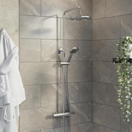 Bathroom Mixer Shower Thermostatic Dual Head Round Rainfall Head Handset Chrome 1