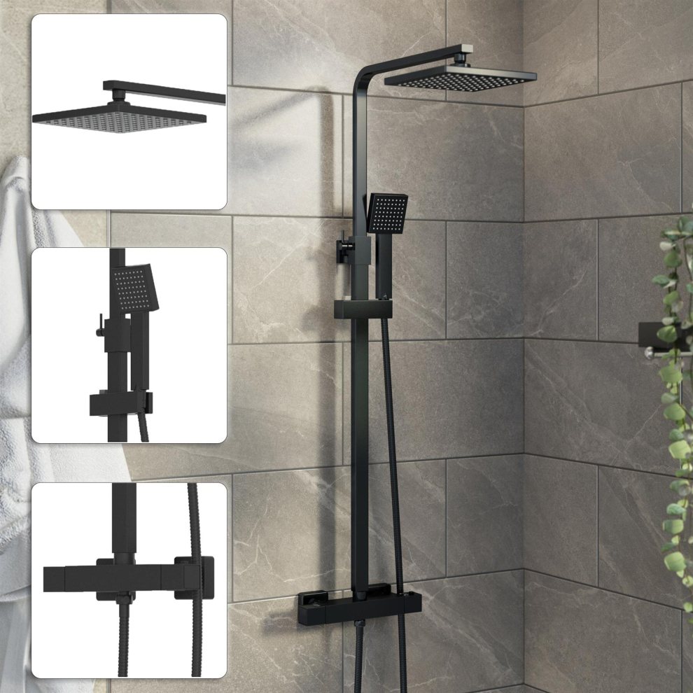 Bathroom Mixer Shower Thermostatic Dual Head Square Rainfall Head Handset Black