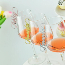 (Mirror Gold Deep Sapphire-10 Pcs) Personalized Acrylic Hanging Name Tags for Glasses, Custom Wedding Wine Glass Charms, Cocktail Drink Markers