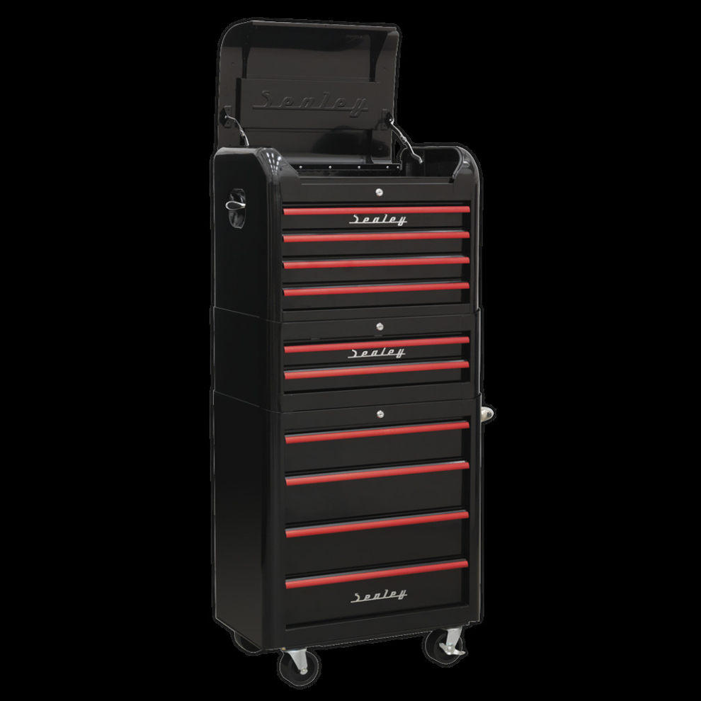 Retro Style Topchest, Mid-Box & Rollcab Combination 10 Drawer - Black with Red Anodised Drawer Pulls