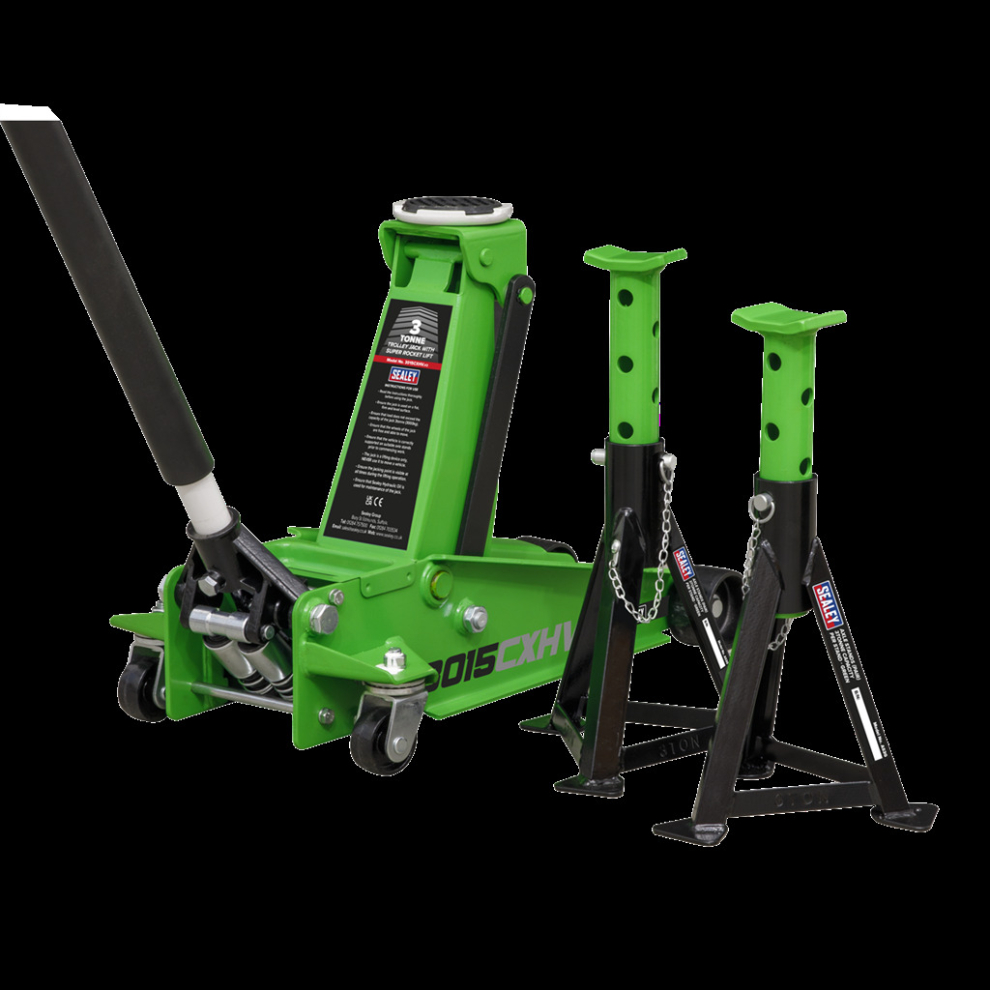 Trolley Jack 3 Tonne With Super Rocket Lift & Axle Stands (Pair) 3 Tonne Capacity Per Stand-Hi-Vis 5054511980929