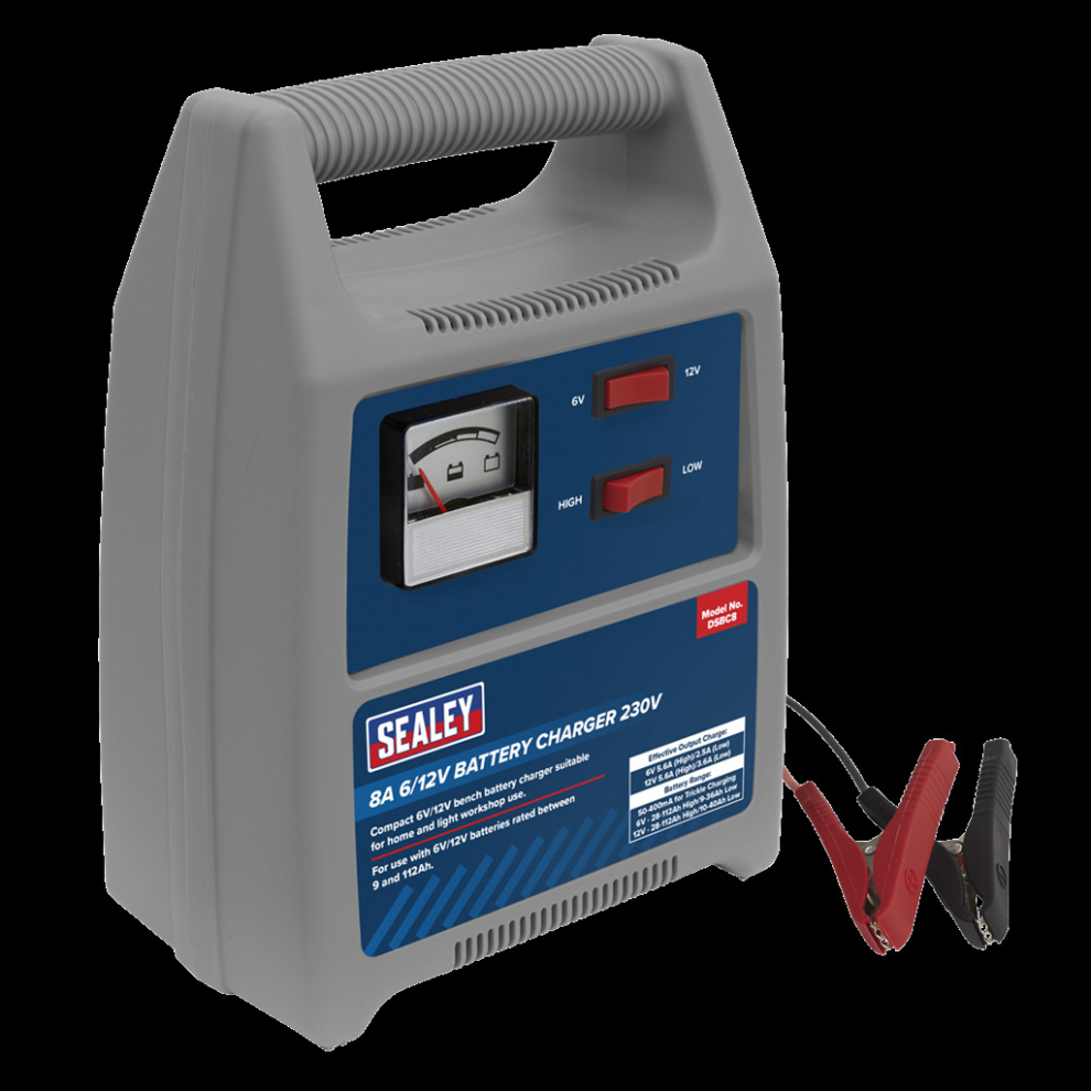 Sealey Battery Charger 8A 6/12V Lead-Acid (230V) With Ammeter, Protection, Carry Handle, 9-112Ah