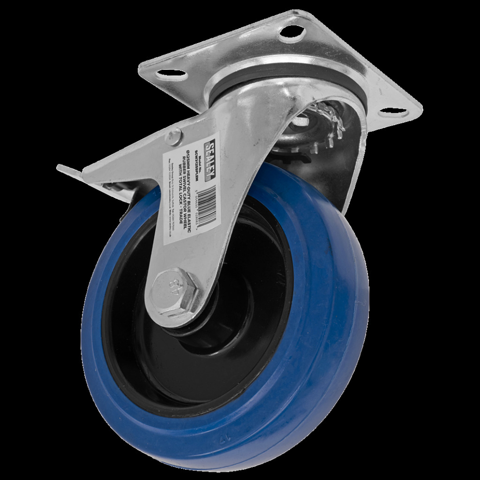Heavy-Duty Blue Elastic Rubber Swivel Castor Wheel With Total Lock Ø125mm - Trade 5054630028083