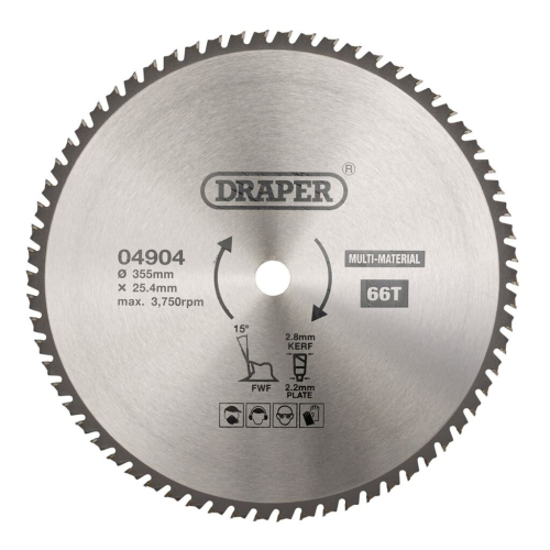 Draper TCT Multi-Purpose Circular Saw Blade, 355 x 25.4mm, 66T