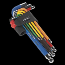 AK7190 Ball-End Hex Key Set 9pc - Colour-Coded Long Metric, Hardened Chrome Vanadium, Polished Finish, Rubber-Coated, 65-175mm in Case