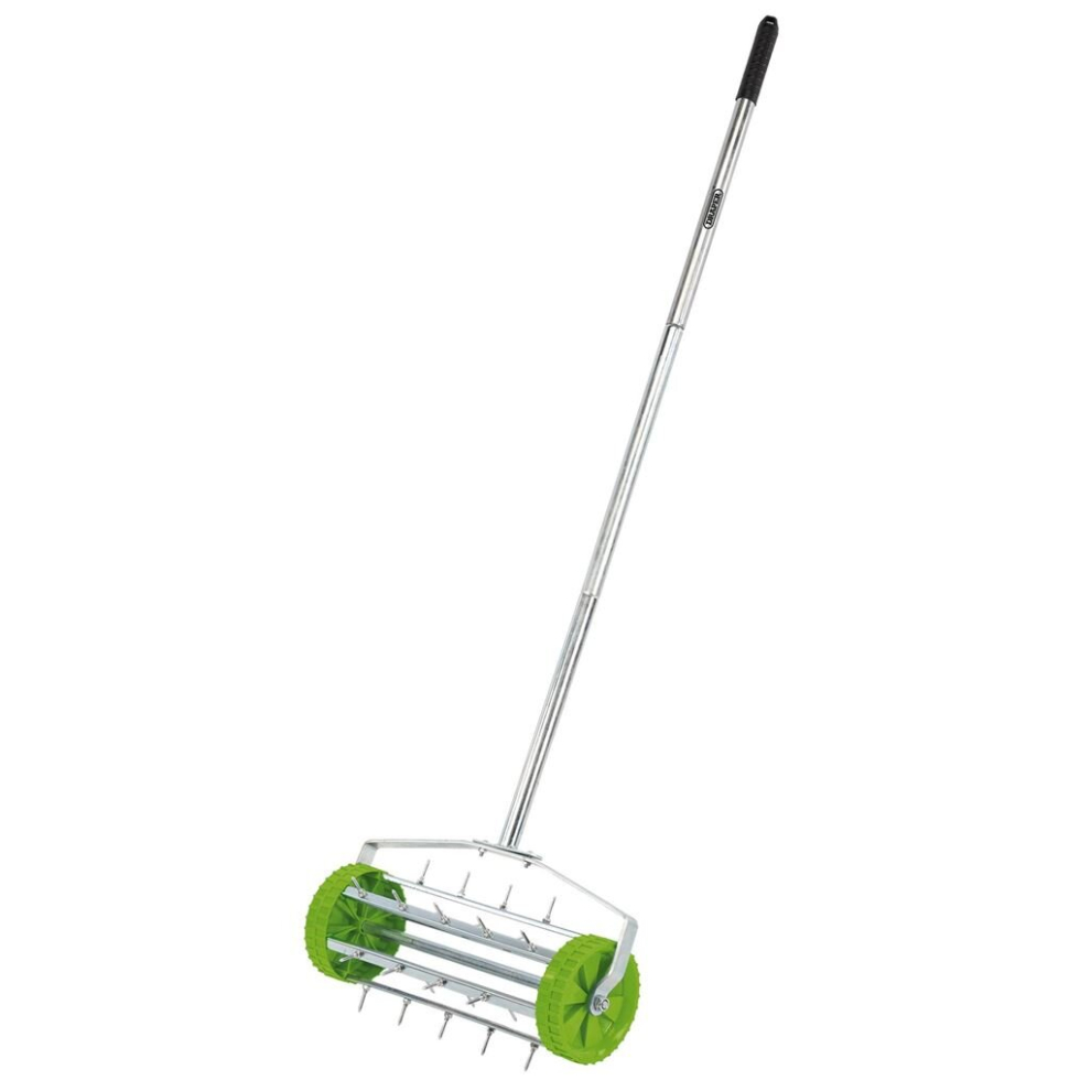 Draper Tools Rolling Lawn Aerator Spiked Drum Grass Seeder Scarifier Green