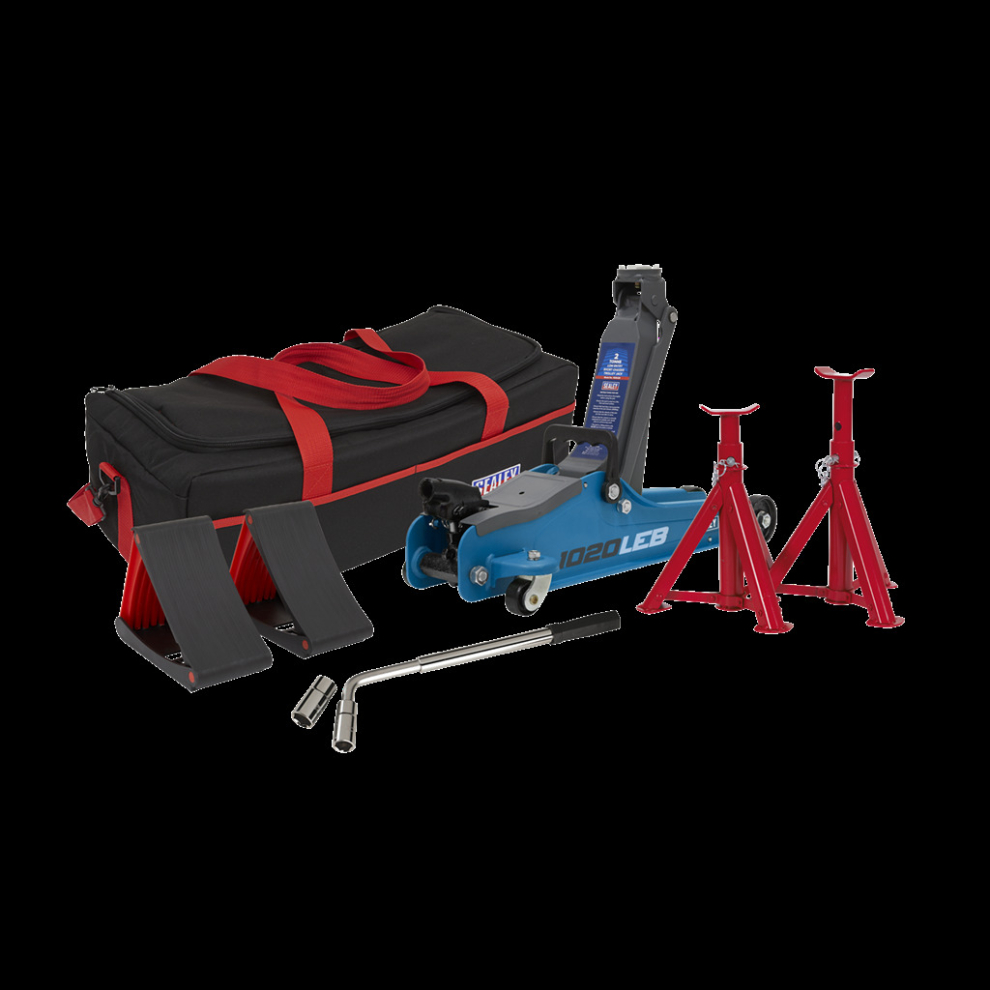 Sealey Trolley Jack 2 Tonne Low Entry Short Chassis & Accessories Bag Combo - Blue