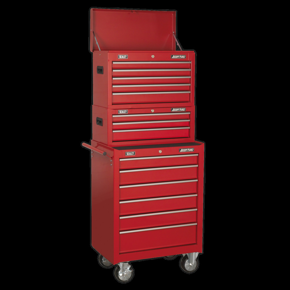 Sealey Topchest, Mid-Box & Rollcab 14 Drawer Stack - Red