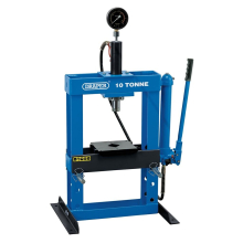 70538: 10 Tonne Hydraulic Bench Press with Sliding Ram, Detachable Hand Pump, Adjustable Table Heights 110–365 mm, 0–16 t Gauge, Safety Valve