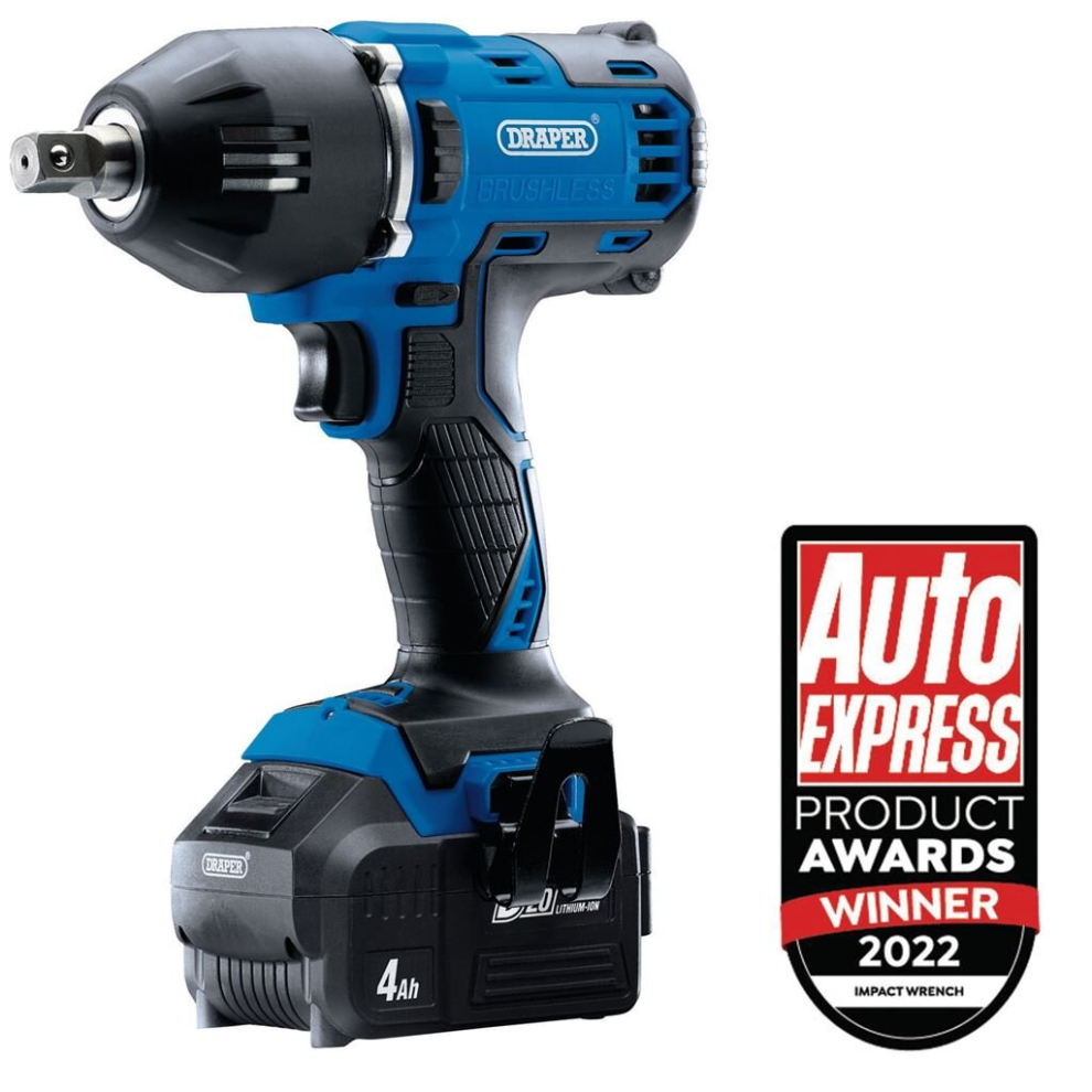 Draper D20 20V Brushless Mid-Torque Impact Wrench, 1/2"" Sq. Dr., 400Nm, 2 X 4.0Ah Batteries, 1 X Charger