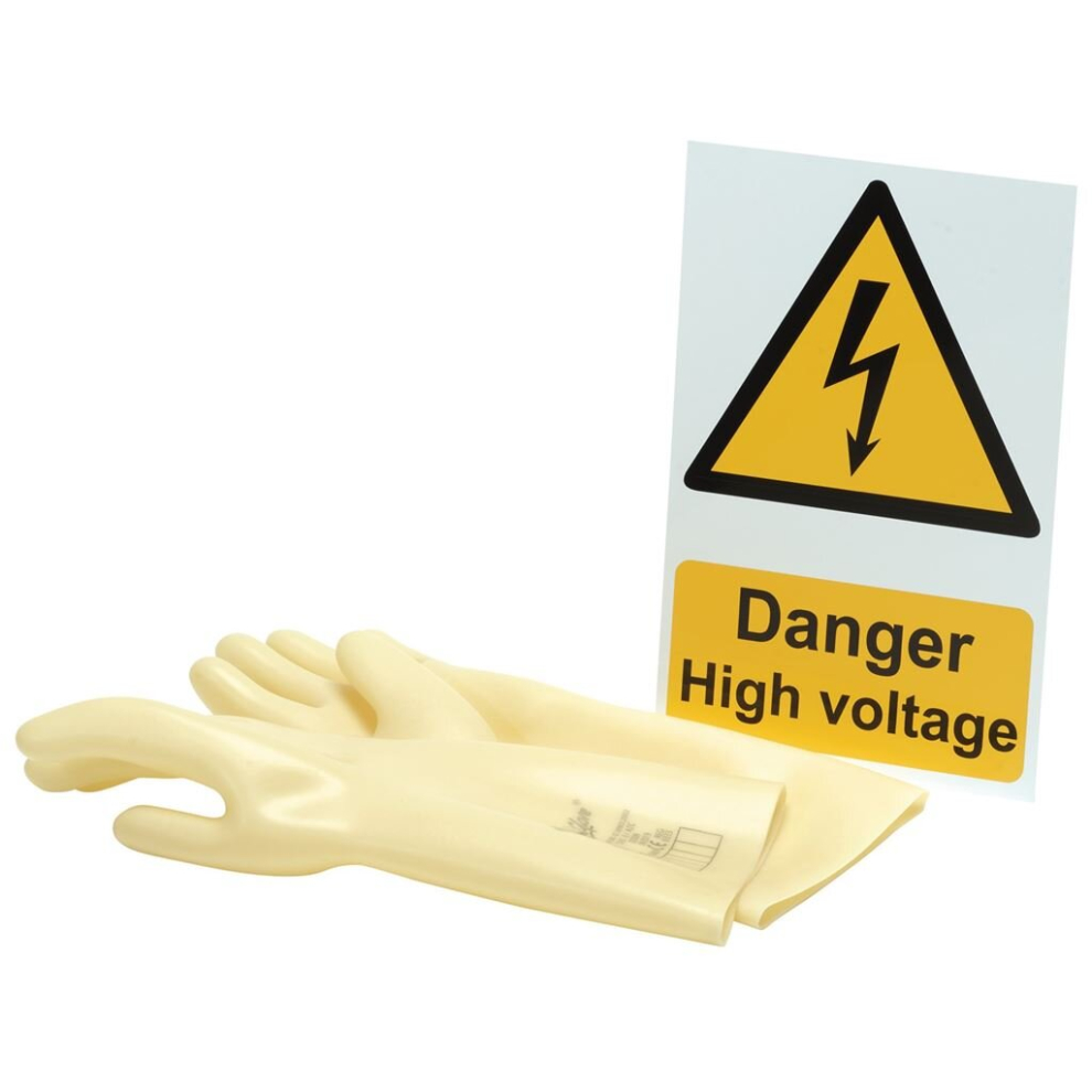Electrical Insulating Gloves and 'Danger High Voltage' Hazard Sign