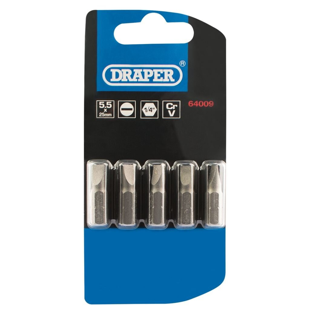 Draper Plain Slot Insert Bit, 5.5Mm, 1/4"" Hex, 25Mm Long (Pack Of 5)
