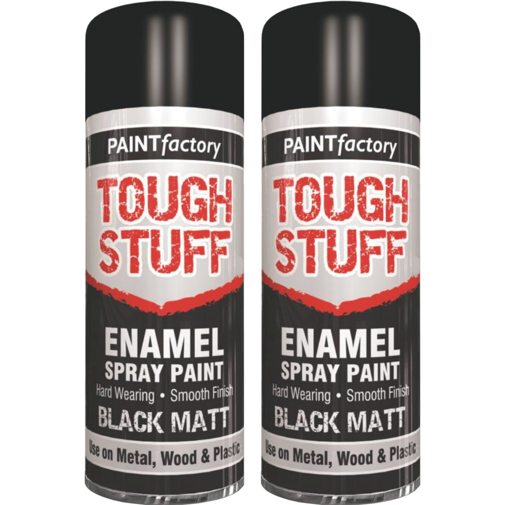 2 x 400ML TOUGH STUFF ENAMEL BLACK MATT SPRAY PAINT METAL PLASTIC