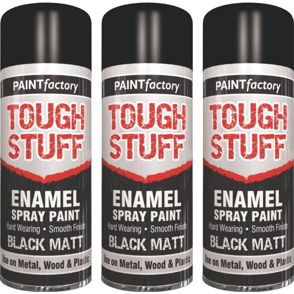 3 x 400ML TOUGH STUFF ENAMEL BLACK MATT SPRAY PAINT METAL PLASTIC
