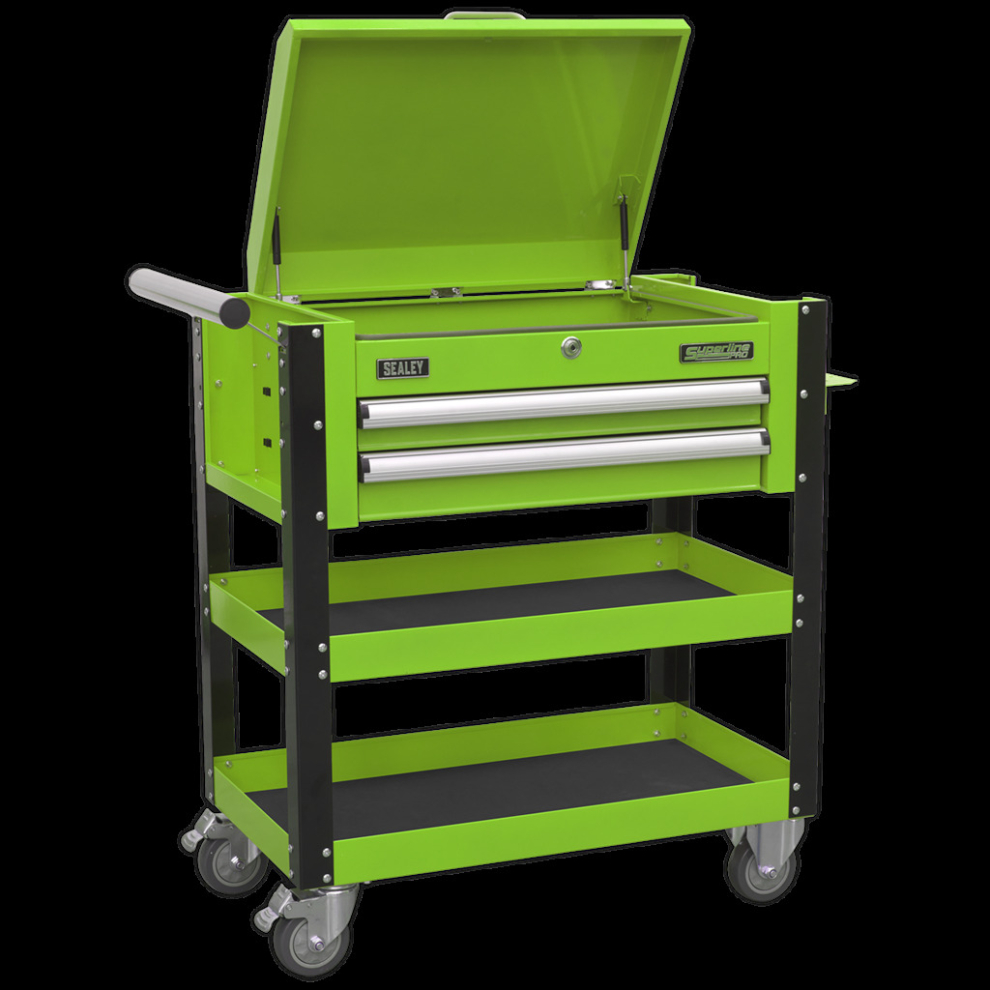Heavy-Duty Mobile Tool & Parts Trolley 2 Drawers & Lockable Top - Green