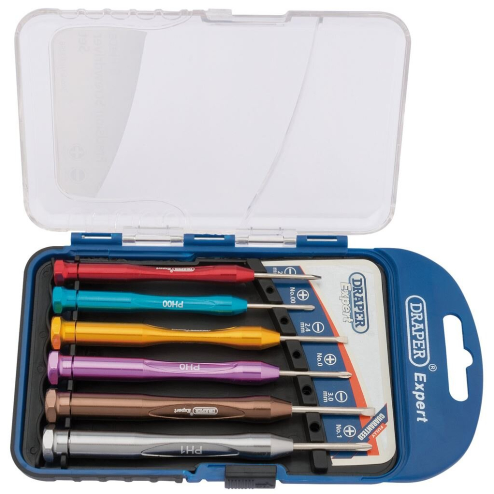Draper Expert Precision Screwdriver Set, 3 x Plain Slot, 3 x Cross Slot (6 Piece)