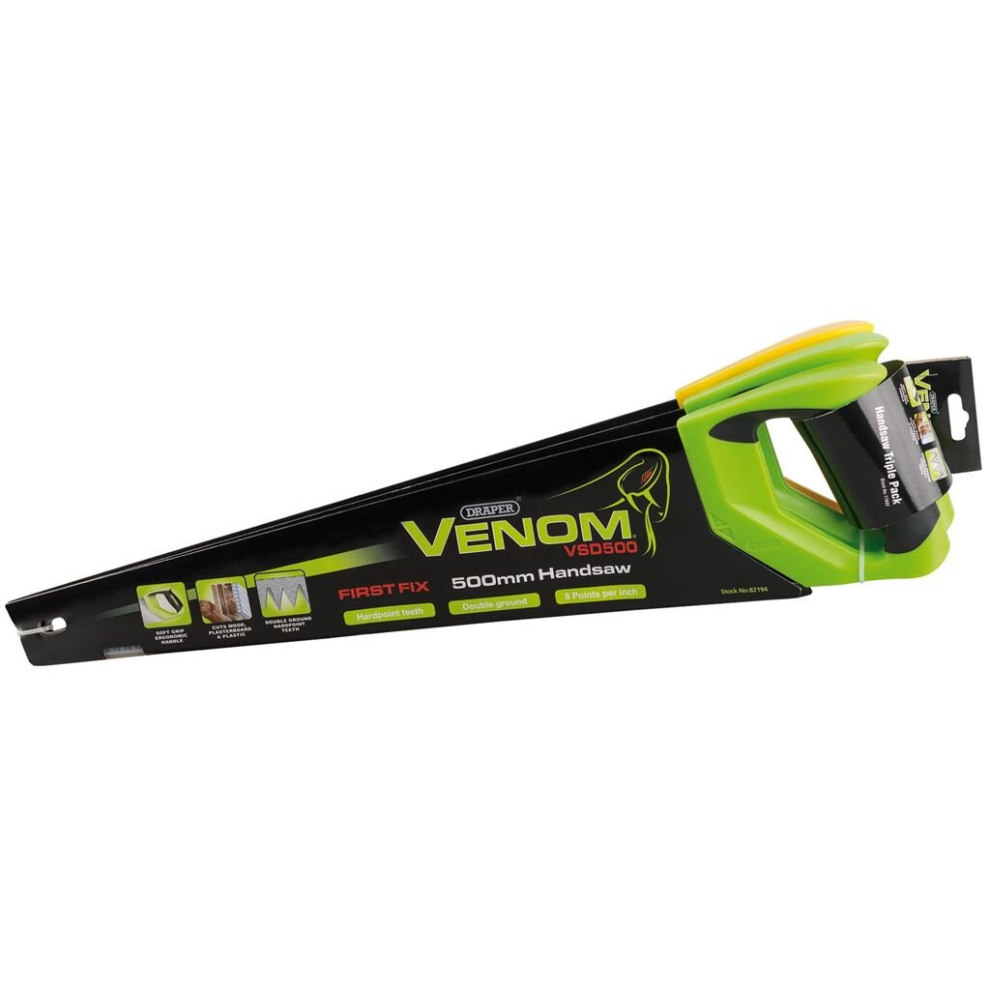 Draper Venom® 1 x First Fix & 2 x Second Fix Double Ground Handsaws, 500mm, 7tpi/8ppi & 11tpi/12ppi (Pack of 3)