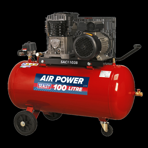 Sealey Air Compressor 100L Belt Drive 3hp with Cast Cylinders & Wheels