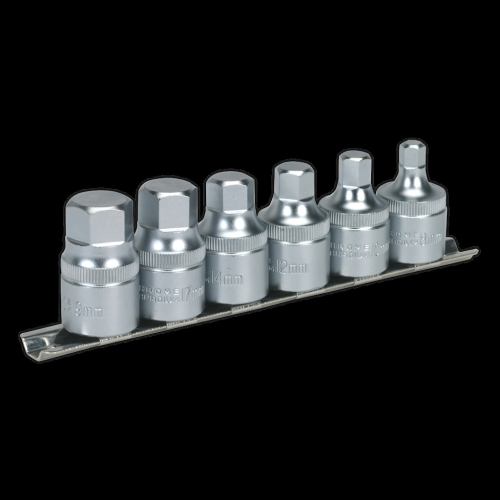Sealey Hex Socket Bit Set with Rail 6pc Stubby 1/2"Sq Drive Metric