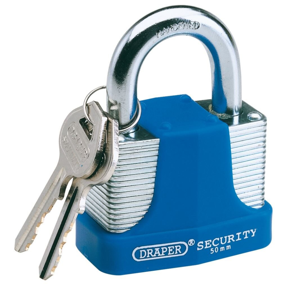 Draper Laminated Steel Padlock And 2 Keys With Hardened Steel Shackle And Bumper, 50Mm