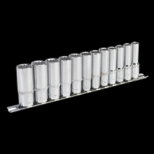 Sealey AK2683 12pc 3/8in Sq Drive 12pt Deep WallDrive Metric Socket Set (8-19mm) with Socket Rail