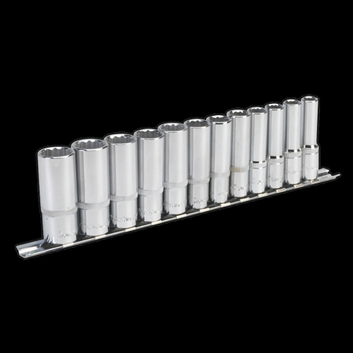 Sealey AK2683 12pc 3/8in Sq Drive 12pt Deep WallDrive Metric Socket Set (8-19mm) with Socket Rail