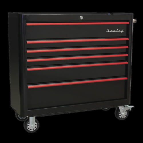 Sealey Rollcab 6 Drawer Wide Retro Style - Black with Red Anodised Drawer Pulls
