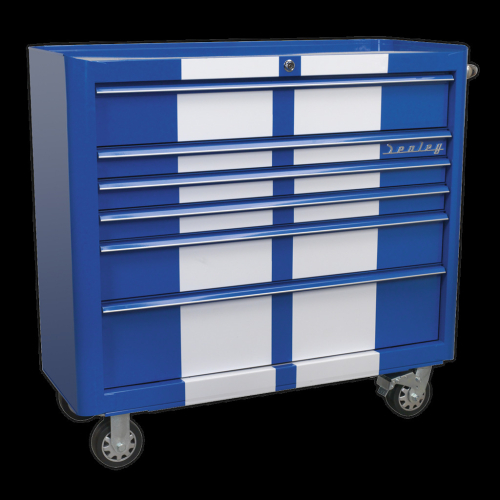 Sealey Rollcab 6 Drawer Wide Retro Style - Blue with White Stripes