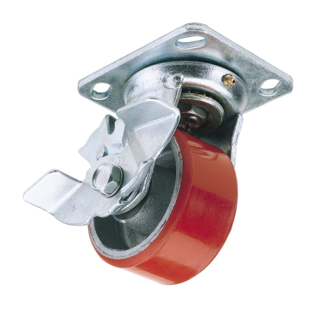 Swivel Plate Fixing Heavy Duty Polyurethane Wheel with Brake, 200mm Diameter, S.W.L. 500kg