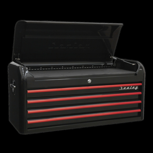 Sealey Topchest 4 Drawer Wide Retro Style - Black with Red Anodised Drawer Pulls