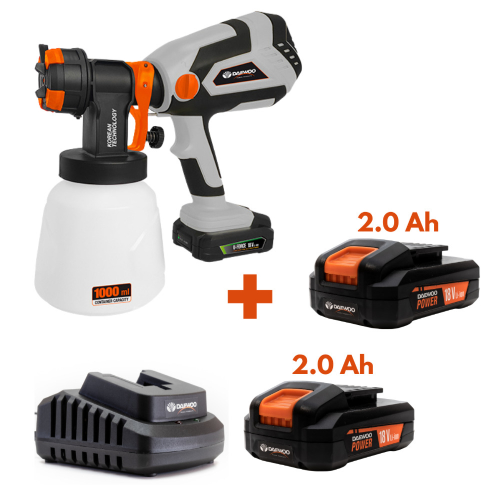 Daewoo U-FORCE Series Cordless Paint/Fence Spray Gun + 2 x 2.0Ah Battery + Charger 