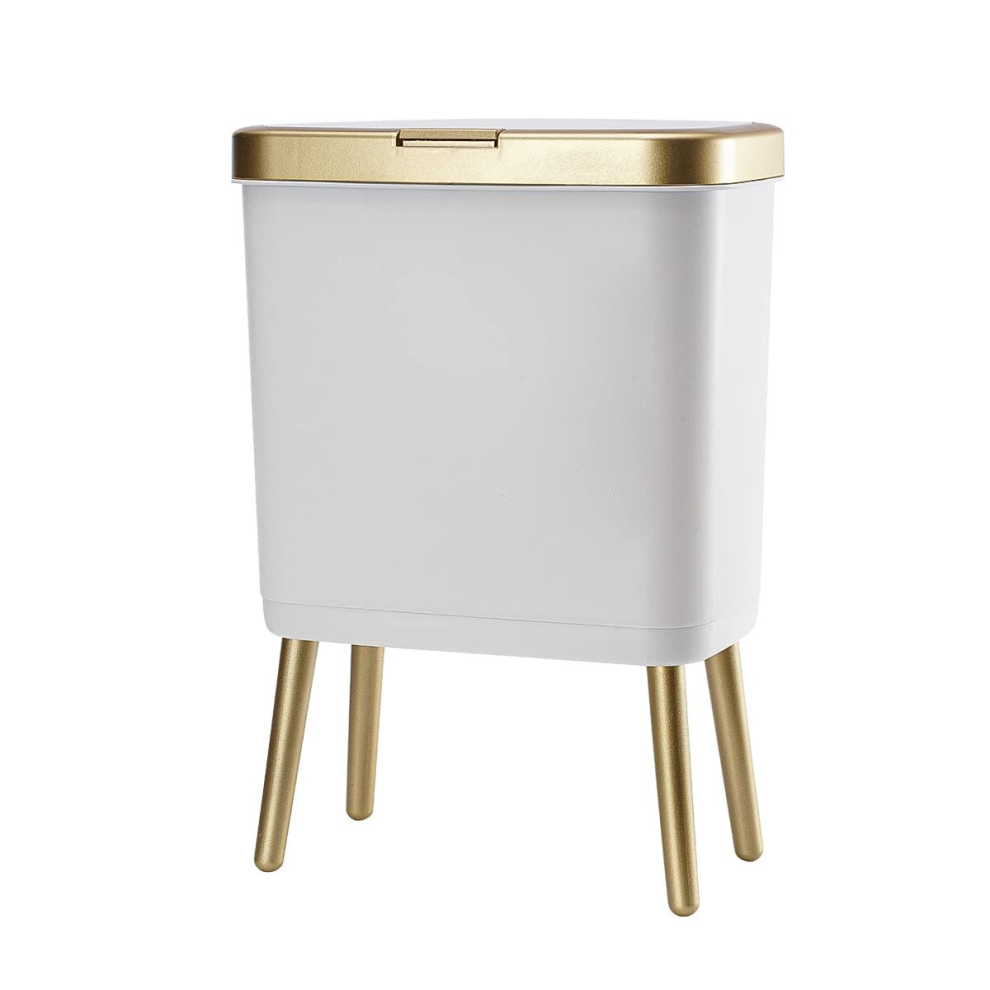 Plastic Garbage Can, 4 Gal Gold Trash Bin with Push Button, Narrow White Waste Basket for Bedroom, Bathroom, Living Room,Office