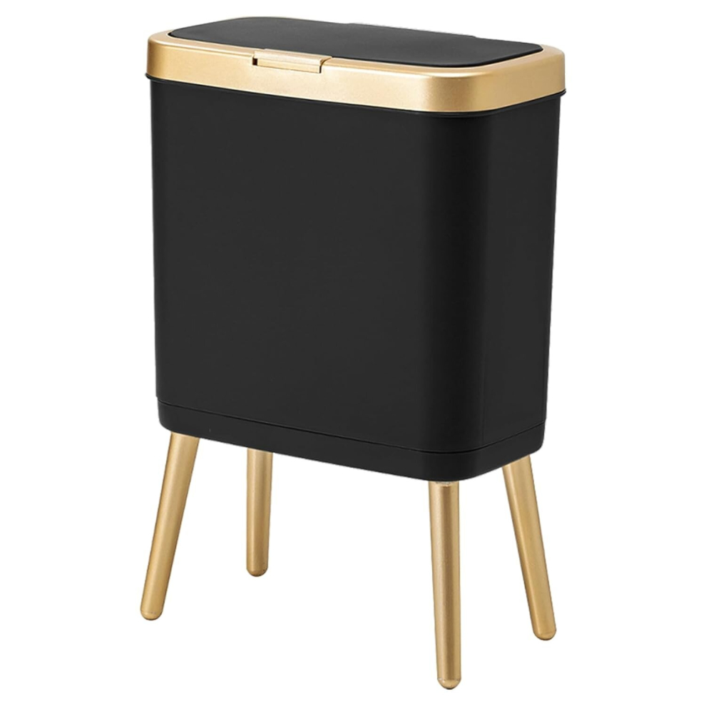 Office Trash Can with Lid, Black Bathroom Trash Can with Gold Edge, Modern Narrow Garbage Can with Legs  4 Gallon