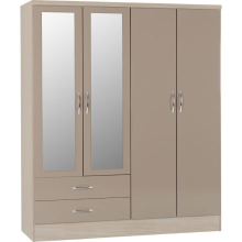 Nevada 4 Door 2 Drawer Mirrored Wardrobe in Oyster Gloss and Oak Effect Finish