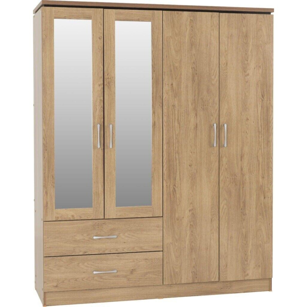 Charles 4 Door 2 Drawer Mirrored Wardrobe in Oak Effect Finish Metal Runners
