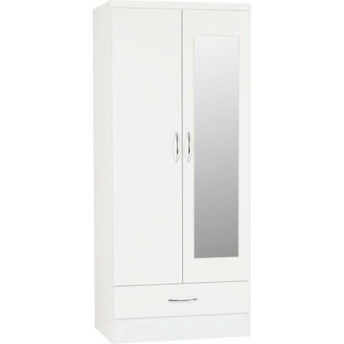 Seconique Nevada Mirrored 2 Door 1 Drawer Wardrobe White Gloss Hanging Rail Storage