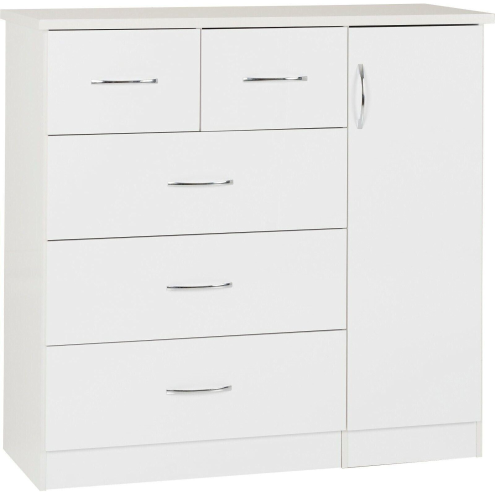 Nevada 5 Drawer 1 Door Low Wardrobe White Gloss Metal Runners Handles