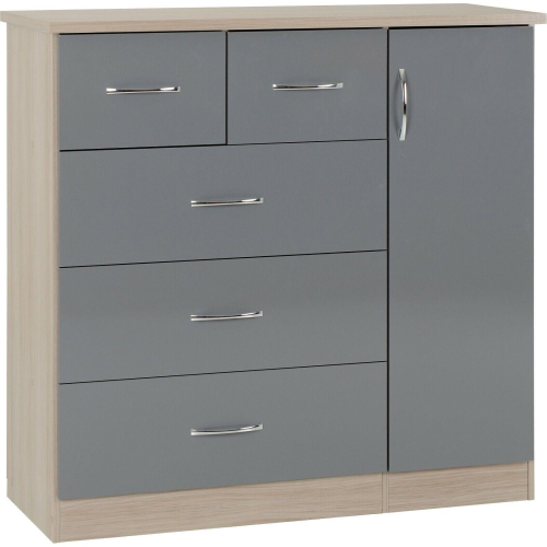Seconique Nevada 5 Drawer 1 Door Low Wardrobe Grey Gloss and Light Oak Effect Veneer