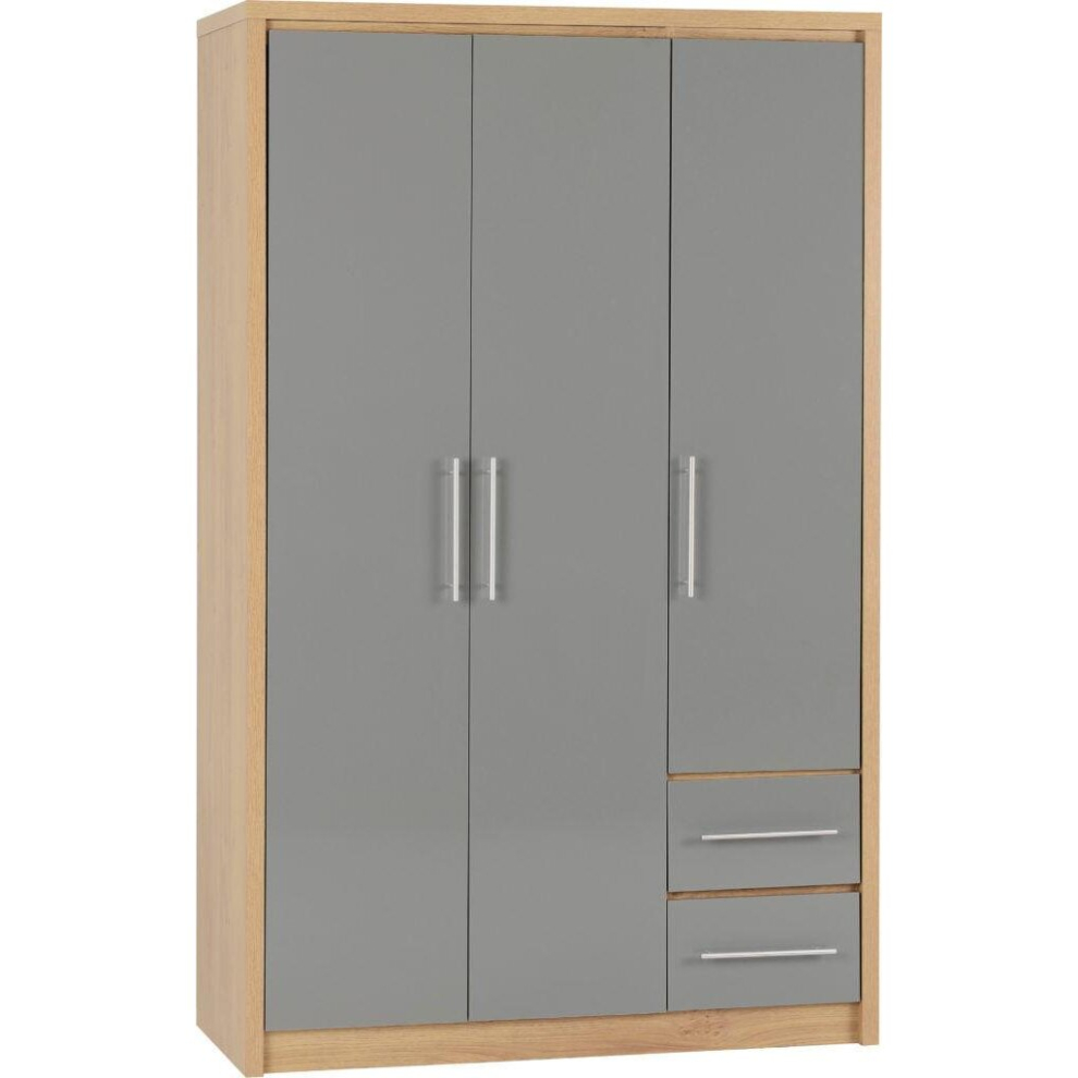 Seconique Seville 3 Door 2 Drawer Wardrobe Gloss And Oak Effect Hanging Rail Shelves Grey