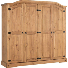 Corona 4 Door Wardrobe in Distressed Waxed Pine Finish Hanging Rail Shelved