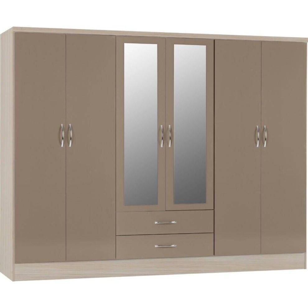 Nevada 6 Door 2 Drawer Mirrored Wardrobe in Oyster Gloss and Oak Effect Finish