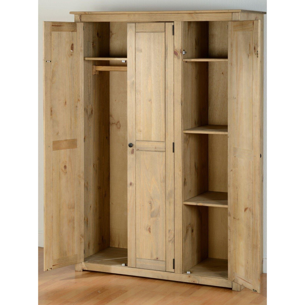Panama 3 Door Wardrobe Waxed Pine Finish Hanging Rail Shelves Metal Handles