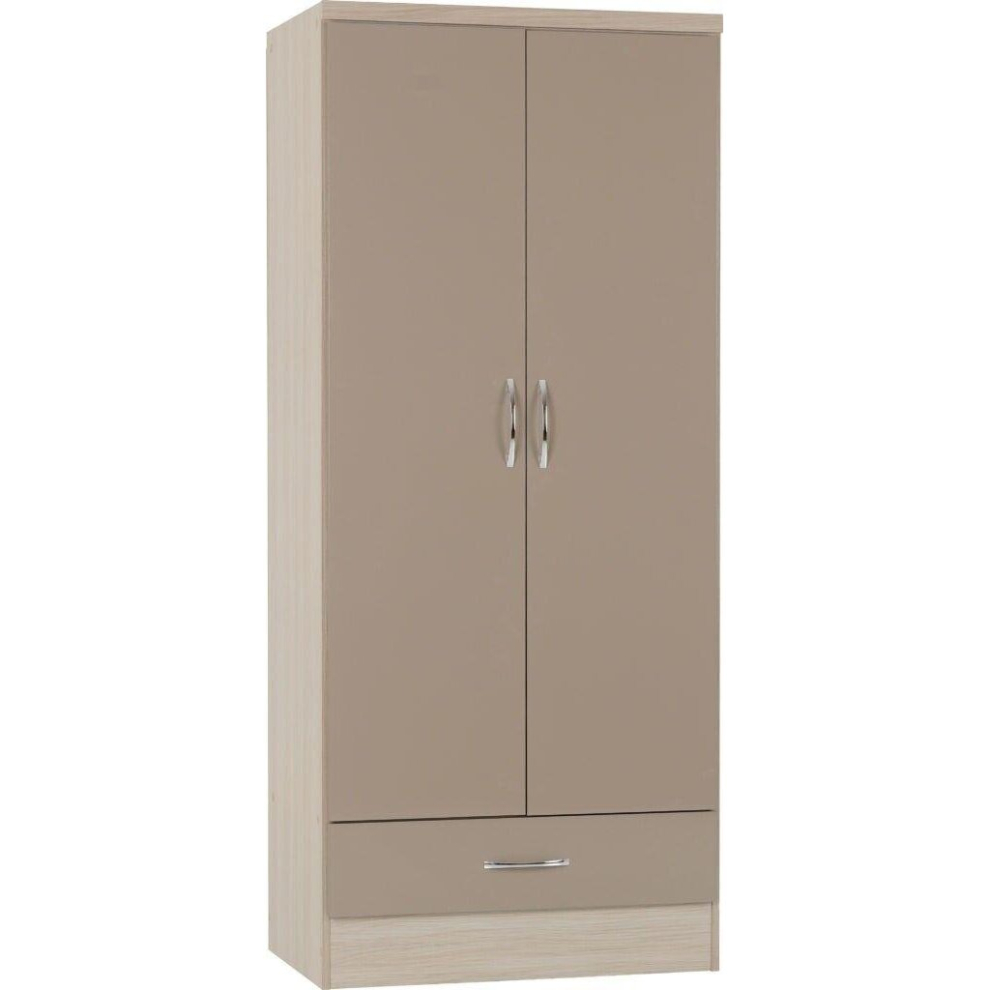 Nevada Wardrobe 2 Door 1 Drawer Oyster Gloss and Oak Finish Drawer Hanging Rail